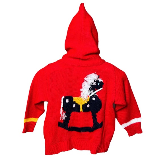 VTG 90's BRIGHTS CREEK Red Acrylic Knit Zip Up Hoodie W/ Rocking Horse 24 months - Picture 3 of 6